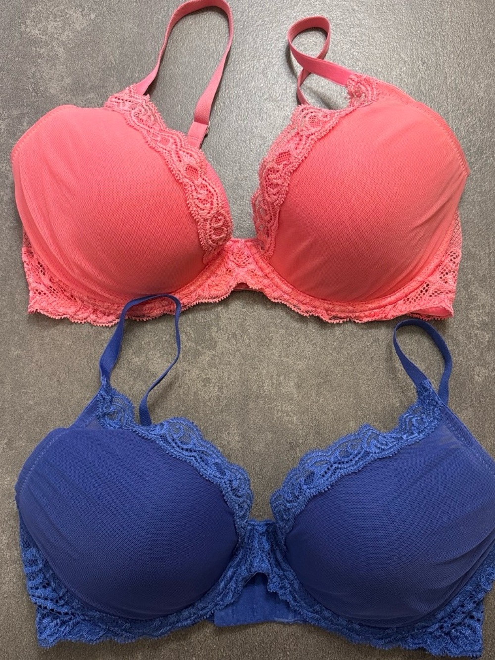 Natori Feathers Lace Trim Molded Bra Duo in Coral and Royal Blue